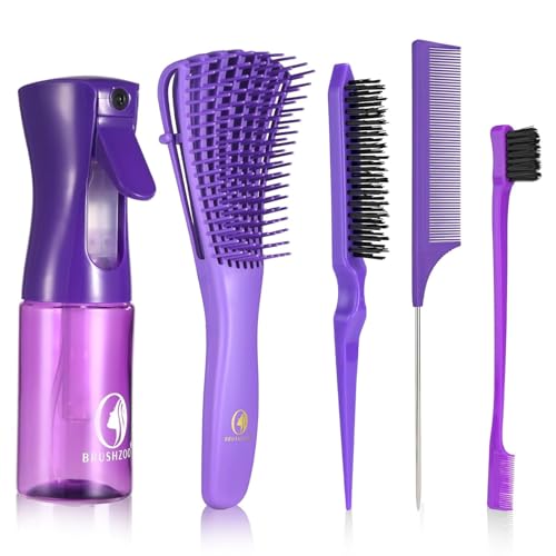 BRUSHZOO Hair Brush Set for Women All Hair Detangling Styling, Purple | Detangler brush,Hair Spray bottle,Teasing brush,Rat tail comb, for wet dry All hair,for women men kid - color: Purpe