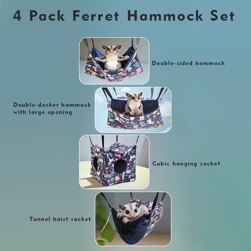 JNJNCWYP 4 Pack Ferret Hammock Set, Hanging Soft Small Animal Hammocks with Hideout,Tunnel and Double Layer,Cage Accessories for Ferret,Rats,Sugar Glider,Squirrel(Navy Blue) - color: Navy Blue