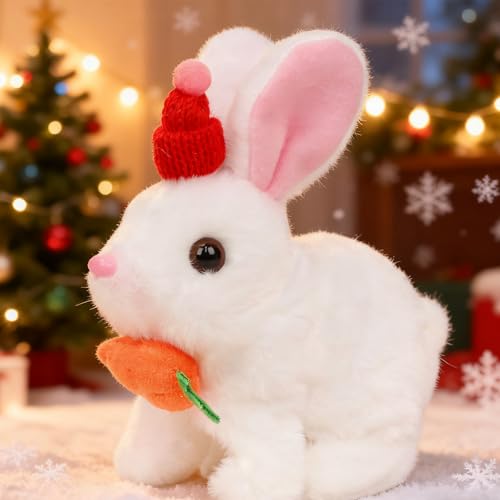 Easfan Bunny Plush Jumping Spotted White Rabbit with Hat Hopping Ears Nose Moving Educational Plush Toy Singing Shaking Glowing Interactive Toy Electric for Toddlers Kids - style: Bunny_White_Hat