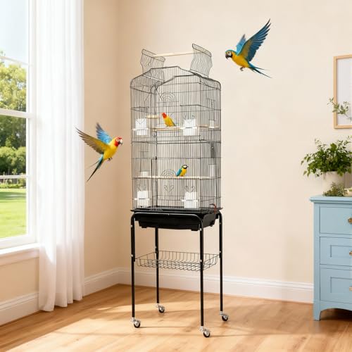 Garvee Open Top Large Parrot Bird Cage, Hanging Bird Cage with Detachable Rolling Stand and Storage Shelf, Playtop Parrot Cages Heavy-Duty Pet Birds House for Cockatiel Black