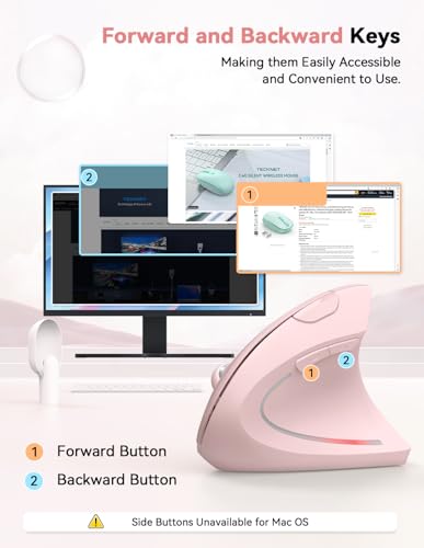 TECKNET 2.4G Ergonomic Mouse Vertical Wireless 4800 DPI Carpal Tunnel Mouse | 5 Adjustable DPI, Optical Tracking, 12 Months Battery, Quiet, 6 Buttons for Laptop, PC, Computer, Right Hand, Pink - color: Pink