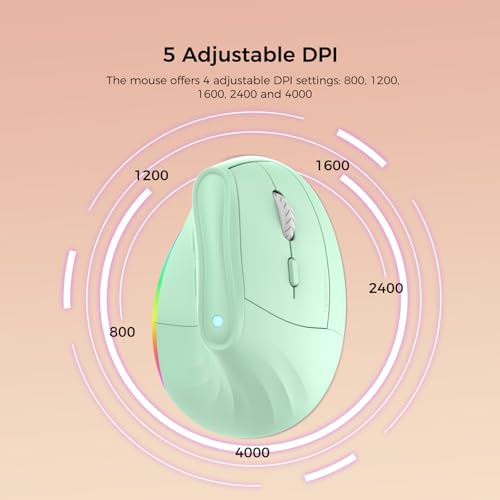 KYSONA 57° Wireless Ergonomic Mouse, Vertical Mouse, Carpal Tunnel Mouse, RGB Light, Rechargeable, Bluetooth & 2.4G, 5-Level DPI Adjustment, Quiet Click Ergo Mice Compatible with PC/Laptop/Mac, Green
