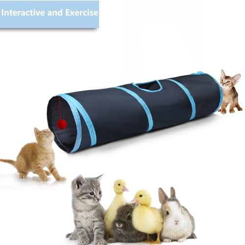 Cat Tunnel Tube Toys，Tunnels for Indoor Cats, 2 Way Foldable | Interactive Pet Crinkle Pop Up Tunnel with Balls Peek Hole Hideaway for Rabbits, Kittens, Ferrets, Puppy Playing & Exploring - color: 2 Way Black Blue