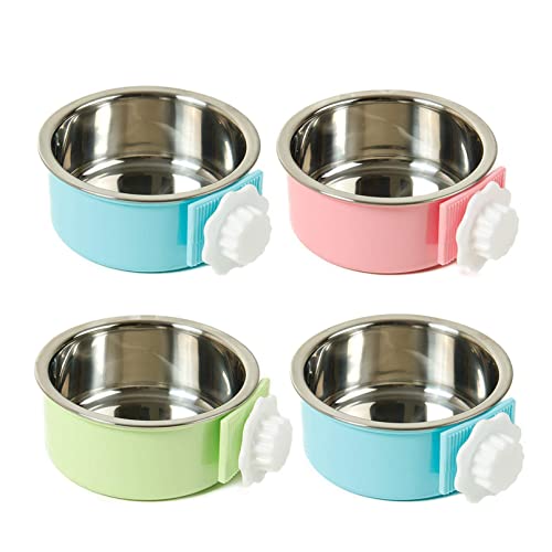 kathson Crate Dog Bowl, Removable Stainless Steel Hanging Pet Cage Bowl Food & Water Feeder Coop Cup for Cat, Puppy, Birds, Rats, Guinea Pigs 4pcs(2×Blue,1×Pink,1×Green) - color: 2×Blue, 1×Pink, 1×Green, size: 4 PCS
