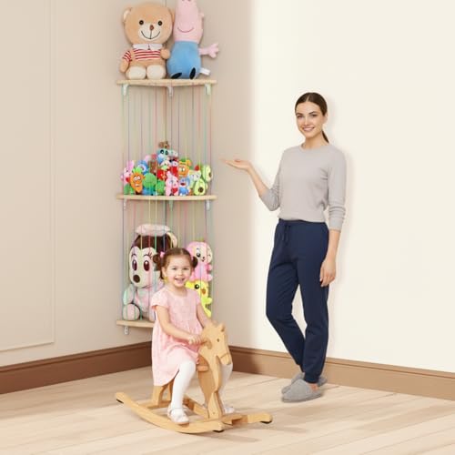 Stuffed Animal Storage Hammock, Wood Stuffed Toy Holder, Playroom Nursery Toy Storage Organizer, Decorative Wall Hanging Caddy Corner Stuffed Animal Net, Soft Toy Net for Kids Room Décor - style: Rainbow three-layered fan shape