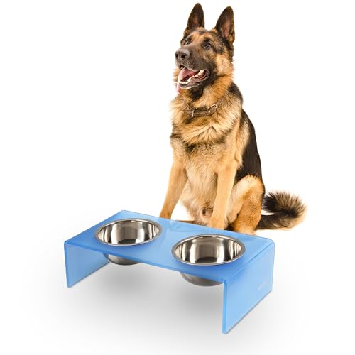 DBL2001C Keaton 7.5" Medium/Large Modern Acrylic Rectangular Elevated Pet Feeder with 54oz 2-Stainless Steel Bowls, Blue/Chrome - color: Blue/Chrome, size: 54 Ounces (7.5" Cups 2-Pack)