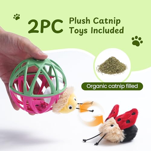 Cat Toys for Indoor Cats - Interactive Ball Cage Cat Toy with Realistic Insect Sounds & 2 Catnip Plush Toys, Motion-Activated Hunting Simulation Toy for Cats - color: Black