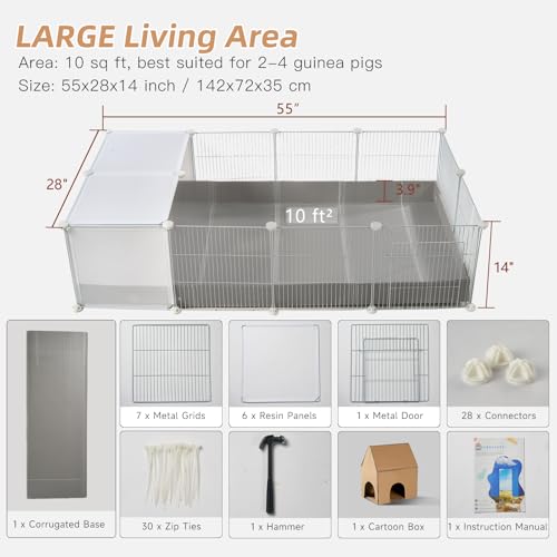 Guinea Pig Cages with Corrugated Liner 10ft CNC Small Animal Playpen Indoor Bunny Rabbit Cage Large Critter Habitat Hedgehog Pet Hutch 55x28x14inch
