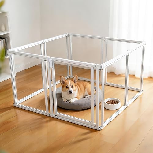 24" H Clear Dog Playpen Indoor, Acrylic Dog Cage with Door 8 Panels | Metal Frame Play Pen Easy Assemble Pet Fence, DIY Foldable Puppy Pen for Ducks Cat Rabbit Small & Medium Pets- White