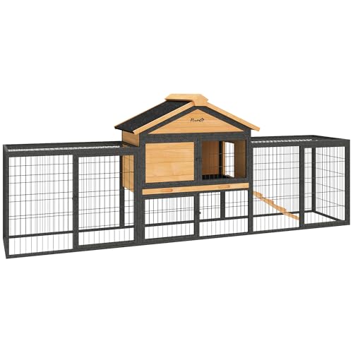 PawHut Rabbit Hutch Outdoor 85" Large with Steel Run for 2-3 Small Animals | Wooden Bunny Cage, Removable Tray, Waterproof Roof, Ramp, Metal Guinea Pig Cage, Rabbits, Chickens, Ducks, Backyard Garden