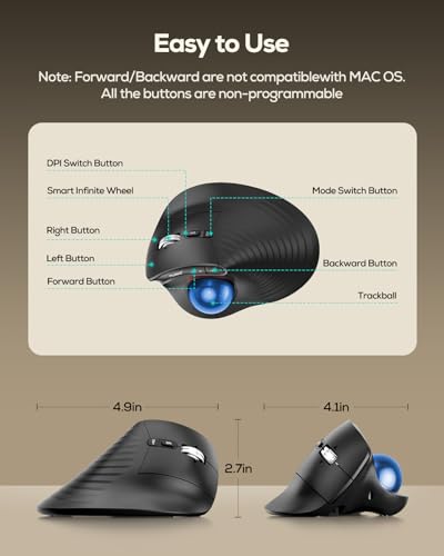 Nulea Wireless Trackball Mouse Ergonomic Vertical Design Thumb Control | Rechargeable mouse with quiet clicks,4 DPI levels,3 device Bluetooth & USB receiver,smooth tracking,compatible with PC-Blue - color: B-Blue
