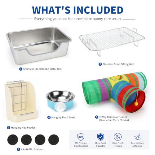 Stainless Steel Rabbit Litter Box with Hay Feeder & Sifting Grid | Bunny Litter Box Kit with Bowl & Tunnel, 6-Inch High Sides Help Reduce Mess, Low Entry for Easy Access, Grid for Drier Paws - size: S(15.8"×11.8"×5.9")