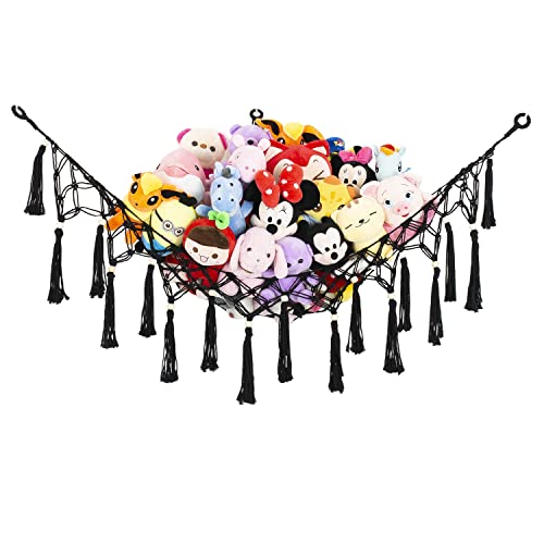 Large Stuffed Animal Net Toy Hammock with Tassel-Corner Hanging Net for Plush Toy Holder Boho Macrame Toy Display,Toy Storage Organizer for Kids Room, Nursery, Bedroom