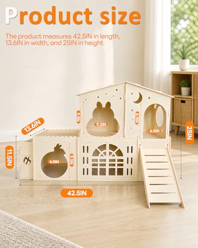 Wooden Bunny Castle, 2-Story Rabbit House and Rabbit Hideout | with Slide, 5-Room Bunny House Indoor for Guinea Pigs, Chinchillas and Small Animals