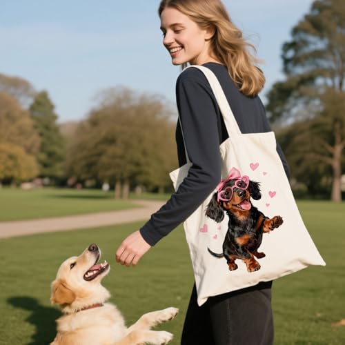 ANATTASOUL Canvas Tote Bag Reusable Cotton Bag for Women, Large 14.96"x 15.74" Cloth Shoulder Bags with Zipper Pockets - style: Glasses Puppy