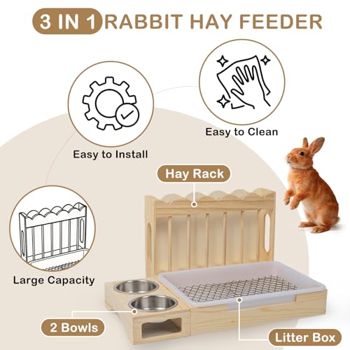 3-in-1 Wooden Rabbit Hay Feeder with Litter Box for Rabbits & Small Pets | Sturdy Wooden Hay Feeder Set for Guinea Pigs, Chinchillas, Hamsters, Ferret and Other Small Animal - size: 21.1"W