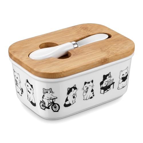 Cute Cat Kitten Print Ceramic Butter Dish with Bamboo Lid & Butter Knife, Covered Butter Keeper Container Fits Standard Western Butter Stick for Kitchen Countertop Fridge Storage - color: Black