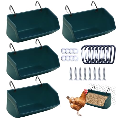Fence Hanging Chicken Feeder - 4 Pack Feed Trough with Clips for Goat Duck Sheeple Horse Goose, Pig Poultry, Chicken Feeder Bucket Feeding Container for Livestock (Green) - color: Green