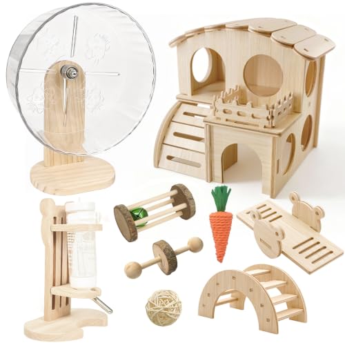 Hamster Cage Accessories Set ，Silent Exercise Wheel, Maze Wooden Hideout, Water Bottle with Holder, Chew Toys & Interactive Platform for Hamsters, Mice, Gerbils (All-in-One Habitat Enrichment Kit)