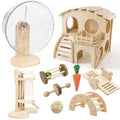 Hamster Cage Accessories Set ，Silent Exercise Wheel, Maze Wooden Hideout, Water Bottle with Holder, Chew Toys & Interactive Platform for Hamsters, Mice, Gerbils (All-in-One Habitat Enrichment Kit)
