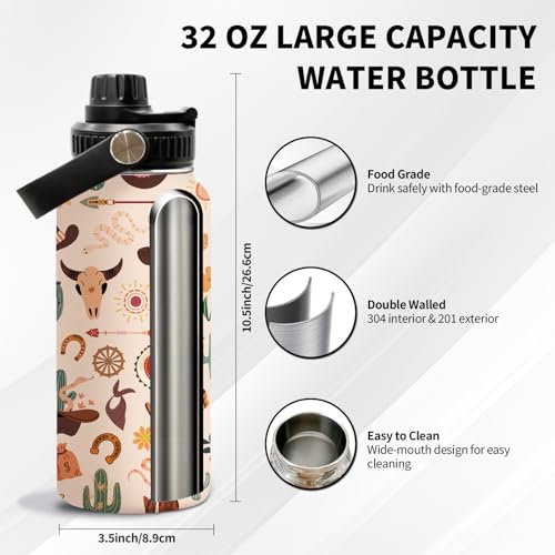 Cow 32oz Water Bottle, with Handle & Lid Bottle, Insulated Cup | 32oz Stainless Steel Tumbler, Leak-proof Reusable Mug, Christmas Birthday Gift for Western Cowgirl Lovers - color: Cow Girl