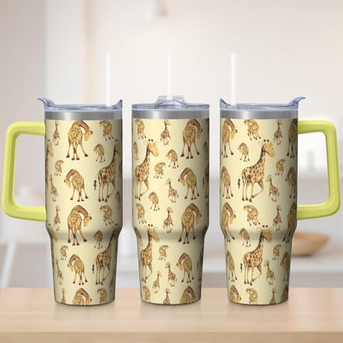 30oz Giraffe Stainless Steel Tumbler with Handle and Straw,Insulated Cup Travel Coffee Mug Water Bottle with Lid and Straw, Animal Lovers Women Gifts - color: Giraffe