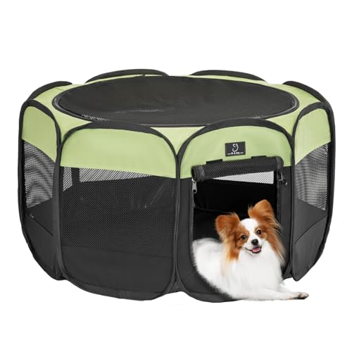 Dog Playpen for Small Dogs & Puppies, 29.92" Portable Indoor Outdoor Puppy Playpen with Bowl, Waterproof Floor, Foldable Pop-Up Pet Pen for Home, Travel & Daily Use, Green+Black - color: Green+Black, size: S(29.92"x29.92"x16.5")