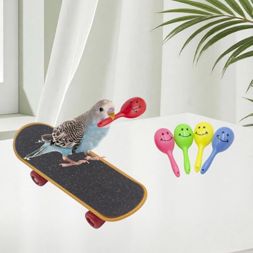 4-in-1 Bird Activity Set – Mini Skateboard, Stacking Rings, Rattle & Colorful Peg Toy | Interactive Toys for Budgies, Cockatiels, Lovebirds & Small Parrots