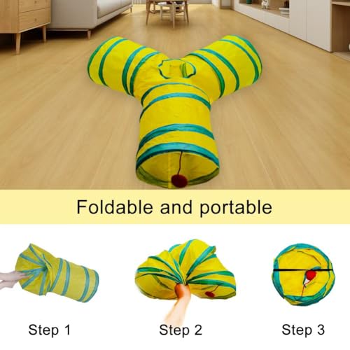 Cat Tunnel Tube Toys, 3 Ways Tunnels for Indoor Cats with Play Ball | Collapsible Pet Tube with Interactive Peephole Interactive Toy for Rabbits, Kittens, Ferrets, Puppy(Yellow Green) - color: 3 Way Yellow Green