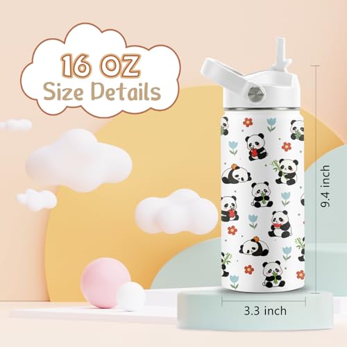 Panda Gifts for Girls Boys, 16 oz Water Bottle with Straw Lid, Panda Water Bottle, Stainless Steel Insulated Tumbler, Cute Animals Cups, Birthday Gifts for Animal Lovers - color: Panda