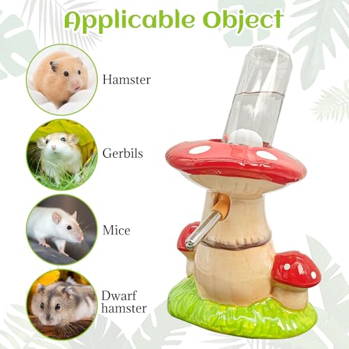 BNOSDM Hamster Water Bottle No Drip Ceramic Hamster Water Bottle for Glass Tank - 80ML Water Dispenser with Mushroom Stand Holder for Syrian Hamsters, Dwarf Hamsters, Mice, Gerbils(red) - color: Red-Mushroom
