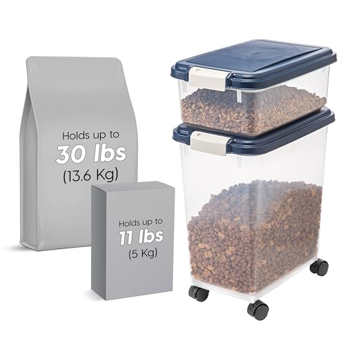 IRIS USA Dog Food Storage Container, Up to 30+11 lbs, Navy, Made in USA | Wheels for Mobility, Airtight Seal, BPA-Free, Best for Bird Seed, Cat food, Cat Litter, Chicken Feed, Pellets