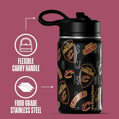 Hydrapeak NBA Officially Licensed Cleveland Cavaliers Mini 14oz Kids Stainless Steel Water Bottle with Straw Lid & Flexible Handle, Double Wall Insulated, Spill Proof, Perfect for Back to School - color: Cleveland Cavaliers