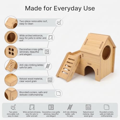 3 Pcs Hamster Wood House Set, Maze Wood House with Ramp,Activity Seesaw,Climbing Bridge,Small Animal Fun Activity Space for Syrian Hamsters, Gerbils, Mice - color: Wood House Set