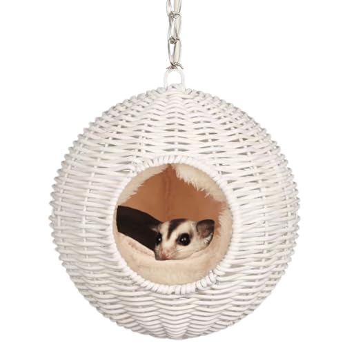 Sugar Glider Woven Spherical Nest for All Seasons Small Animal Bed Nest Hanging Hammock Bed Comfortable Fit Squirrel Sugar Glider Gerbil Rat Hamster Bird Parrot (White) - color: White