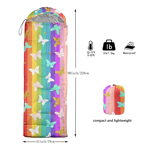 QOOMO Camping Sleeping Bags,3 Season Warm & Cool Weather,Lightweight,Waterproof Sleeping Bags for Adults & Kids,Traveling,and Outdoors,Camping Gear Equipment - color: Rainbow Butterfly 2