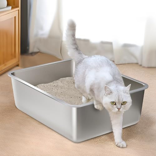 Stainless Steel Litter Box 2 Pack, Metal Litter Box | High Sided Steel Litterbox, Easy Clean Non Stick Non Smell for Kitty/Cats - size: 2pcs M:17.7"x13.7"x6"