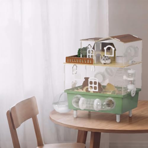 Acrylic Hamster Cage Clear Hamster Habitat with Running Wheel & Hideout | 2-Tier Hamster House with Tubes and All Accessories, Easy to Clean, Suitable for Small Hamsters, 13.3''* 9.8''* 17.4'', Green - color: Green