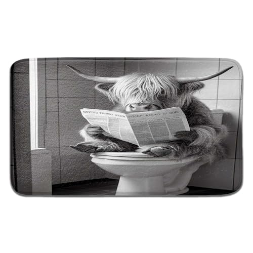 JAWO Funny Farmhouse Highland Cow Bath Mat, Grey Cow Sitting on Toilet Reading Newspaper, Non-Slip Bathroom Rug, Western Country Cattle Shower Rug Bathroom Decor 16X24 - color: Black Grey, size: 16.00" X 24.00"