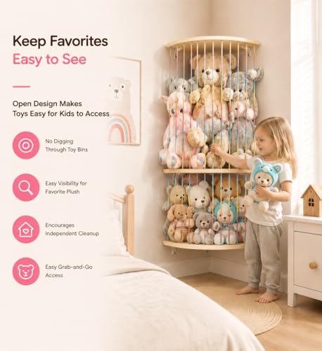 Stuffed Animal Storage Hammock, Wood Stuffed Toy Holder, Playroom Nursery Toy Storage Organizer, Decorative Wall Hanging Caddy Corner Stuffed Animal Net, Soft Toy Net for Kids Room Décor - style: Rainbow three-layered fan shape