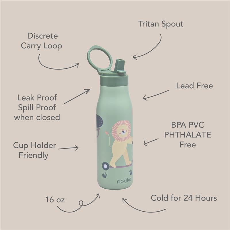 noüka Insulated Stainless Steel Kids Water Bottle | Silicone Straw & Spout | Leak-Proof | BPA-Free | Folding Handle | Pip the Rabbit | 16 Oz