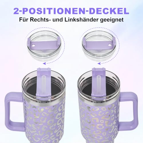 40 oz Tumbler with Handle and Straw, 100% Leak-Proof Travel Mug, Stainless Steel Double Wall Vacuum Insulated Coffee Cup Keeps Cold For 34 Hours, Dishwasher Safe, Lavender Leopard - color: Lavender Leopard