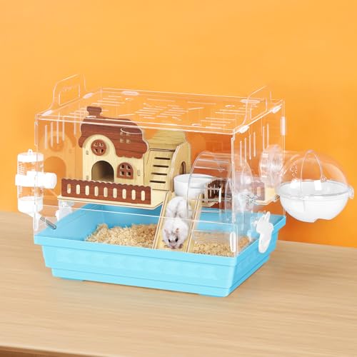 Acrylic Hamster Cage Small Hamster Habitat 360 Viewing Hamster Enclosure with Running Wheel & Hideout for Dwarf, Guinea Pig, Gerbils, Blue, 13.3" L*10.2" W*12.4" H - color: Blue