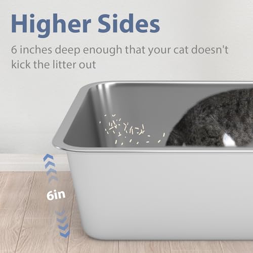 WENBOKMIN Stainless Steel Litter Box - Cat Litter Box Easy to Clean, Never Absorbs Odor, Stains, or Rusts - Silver (17.7" L x 13.5" W x 6" H) - size: 17.7" L x 13.5" W x 6" H