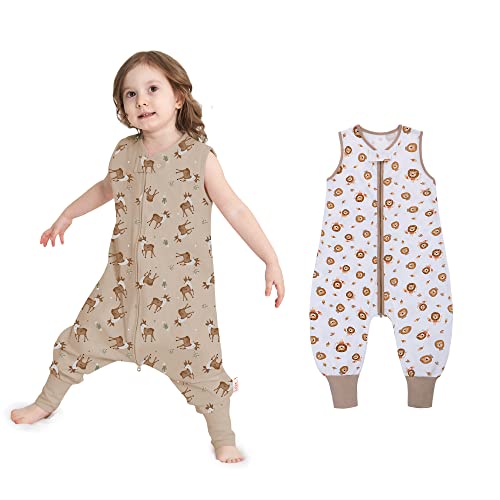 LAT Baby Sleep Sack,Summer Cotton Sleeveless Sleeping Sack Toddler with Legs,Baby Wearable Blanket with Zipper 6M-4T(2Pcs,Khaki Deer+Lion,1-2T)