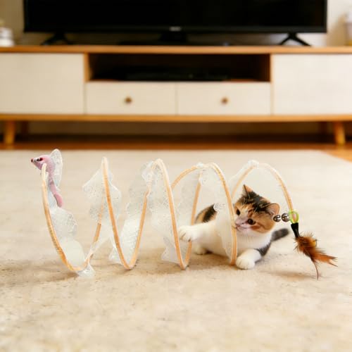 Andiker Cat Tunnel Toy, 10inch Collapsible Metal Cat Spring Toy with Nylon Mesh, Feather, Mouse, and Bell, Interactive Cat Toys for Indoor Cats to Scratch, Puzzle, Relax and Kill Time (Mouse) - color: Mouse