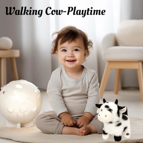 Easfan 7" Walking Black Cow Interactive Electronic Plush Toy for Kids | Cowstuffed animal, Moving educational pet, with sounds & movements, Easter birthday holiday gift, for girls Toddlers - style: Black_Cow