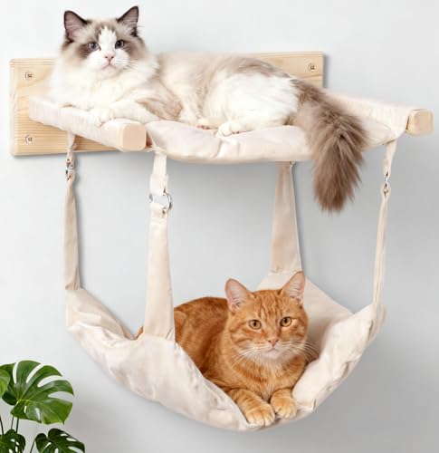 JSPYFITS Wooden Cat Furniture Wall Mounted, Double Layer Hammock, Large Size 18.9″ Removable Multi-Function Cat Bed for Sleep/Play/Climb, Kitten Window Perch, Easy DIY Installation(Beige) - color: Beige