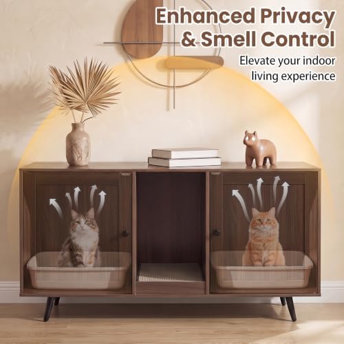 PETSITE Cat Litter Box Enclosure Furniture for 2 Cats, Large Litter Box Cabinet with Scratching Board, and Adjustable Foot Pads, Indoor Cat House TV Stand Side Table, Double Hidden Litter Box - color: Coffee