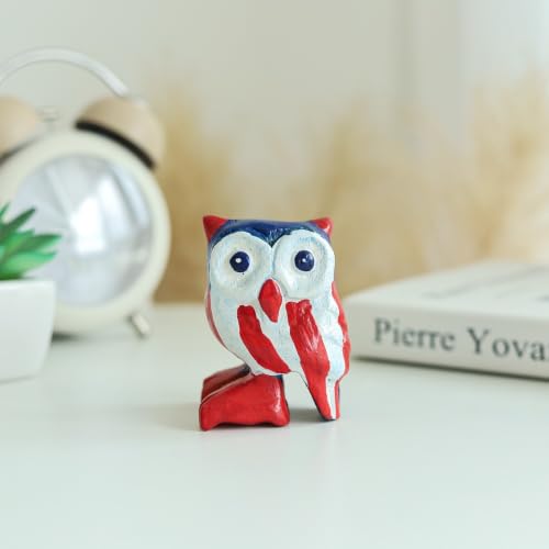 Hand Carved Wooden Owl Figurine, Rustic Farmhouse Home Decor, Wooden Animal Sculpture, Unique Gift for Owl Lovers (Vingtage White/Red/Blue Owl) - color: Vingtage White/Red/Blue Owl